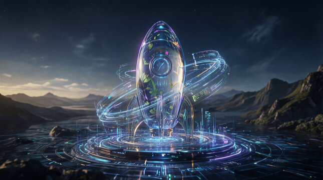 Transparent glass rocket stands on a digital platform surrounded by holographic data rings and growth indicators in a landscape