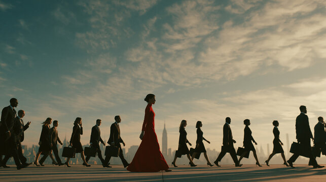 A Leader in Red: A woman in a striking red dress stands out as she walks amidst a procession of formally dressed individuals carrying briefcases, symbolizing divergence from the norm.