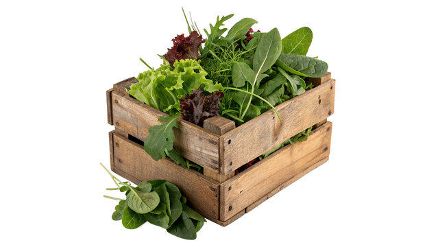 Wooden rectangular crate filled with fresh green salad herbs isolated on transparent background