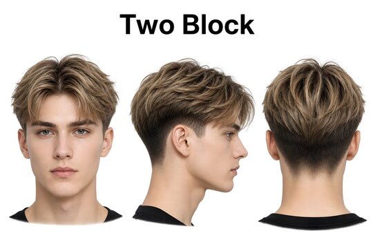 A man showing a two block hairstyle from front side and back view