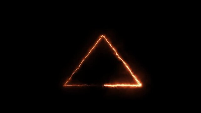 Glowing orange triangle shape with electric and fiery energy pulses on black background, abstract digital animation loop.
