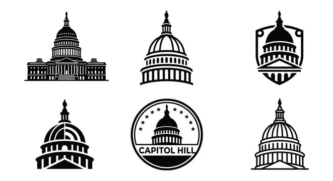 United States Capitol Building Silhouettes Flat Vector Illustrations