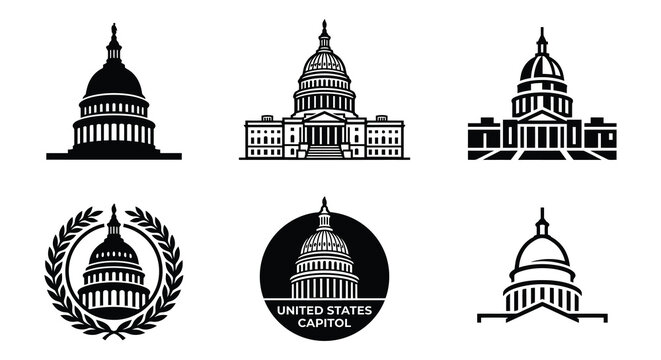 United States Capitol Building Silhouettes Flat Vector Illustrations