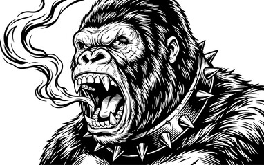 Obraz premium Roaring aggressive gorilla illustration with spiked collar