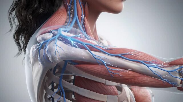 3D Medical Animation of Female Shoulder Anatomy Highlighting Brachial Plexus Nerves and Muscle Structure for Healthcare Education