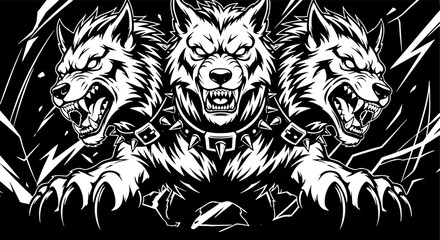 Fototapeta premium Three Headed Wolf Cerberus Mythological Creature Vector Art