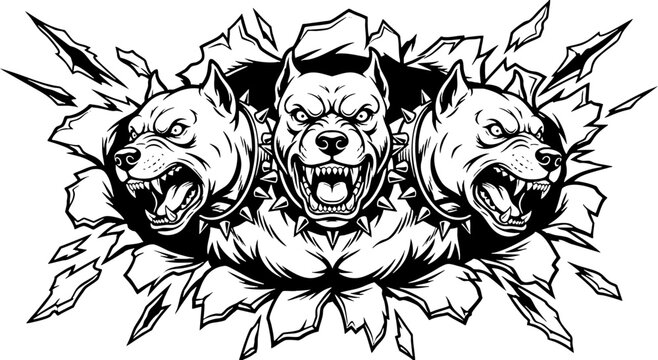 Three Aggressive Pit Bulls Breaking Through Wall Vector Illustration