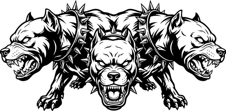 Three-Headed Cerberus Bulldog Vector Illustration