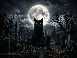 Fototapeta premium Black cat sits atop a weathered tombstone in a misty graveyard while a large full moon shines above.