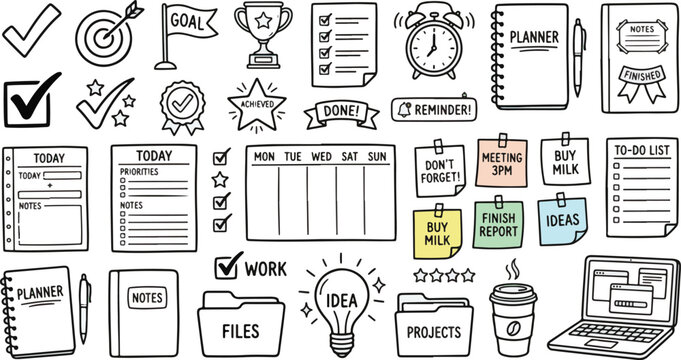 Task management icons include to-do lists, planners, alarm clocks, folders, and motivational symbols arranged for project organization.