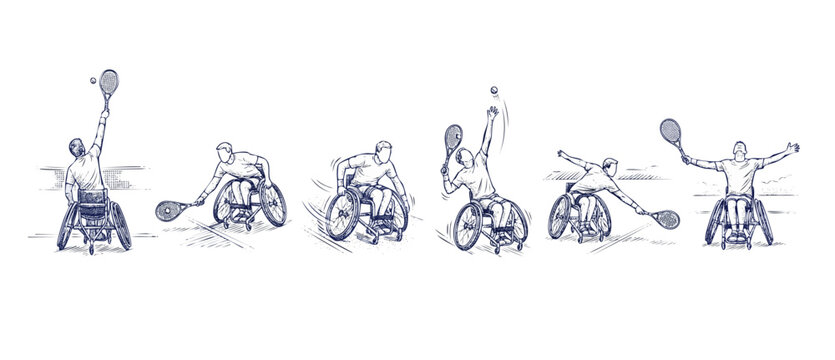Wheelchair tennis player athlete sketch set of adaptive sports action sequences showing disabled paratennis player serving, hitting ball, and celebrating victory on court in blue ink line art style.