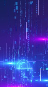 Futuristic security lock visual cyan glow, purple tech blocks, falling data lines, and clean digital space. cyber safety clips, login tutorials, network promos, password screens, app intros, secure