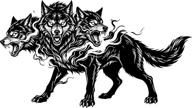 Aggressive Three Headed Wolf Cerberus Illustration in Ink Style