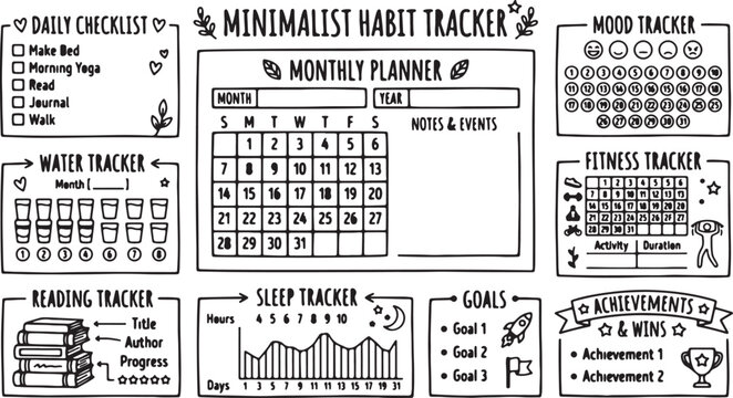 Minimalist habit trackers provide a structured way to organize daily routines and track monthly personal goals effectively.