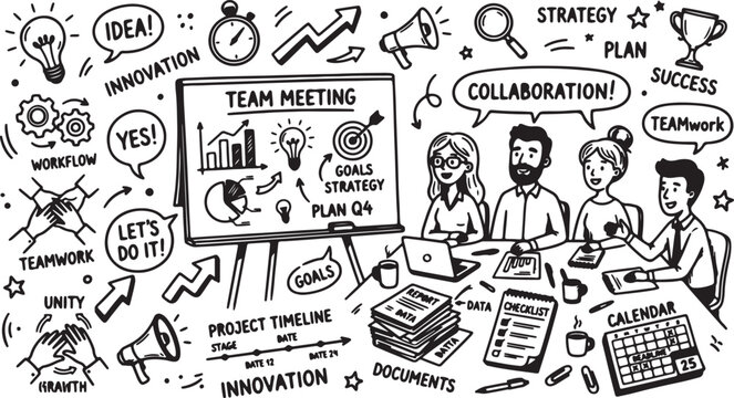 Business team collaborates during a professional meeting while using a presentation board to outline their strategic goals and project timelines in this hand-drawn illustration.