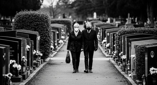 Solemn Funeral Attendees Walking Through a Serene Cemetery Path Dressed in Black