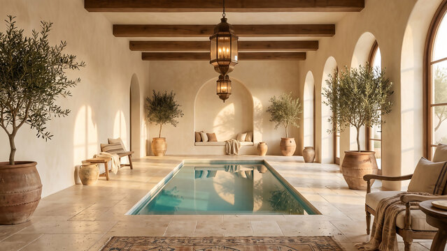 Luxurious indoor pool surrounded by warm ivory plaster walls, travertine flooring, timber ceiling beams, and elegant Islamic architectural elements.