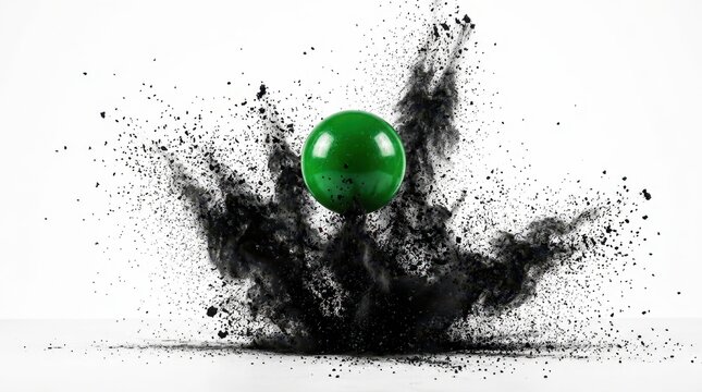 Green sphere exploding with black powder isolated on white background