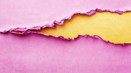 Fototapeta premium Torn pink paper reveals a bright yellow background, showcasing an artistic blend of colors and textures, highlighting creative possibilities