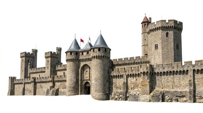Large stone medieval castle with high towers and defensive walls isolated against a clean plain white background