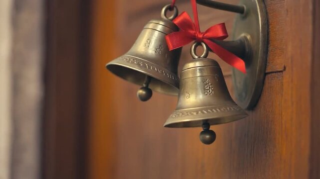 Vintage Brass Door Bells with a Festive Red Ribbon Decoration.