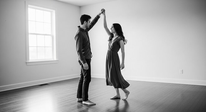Young couple holding hands and dancing barefoot in a bright studio room, capturing a moment of love and connection
