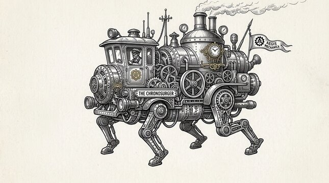 Steampunk mechanical walking train locomotive with complex gears and steam engine parts drawn in a detailed ink style