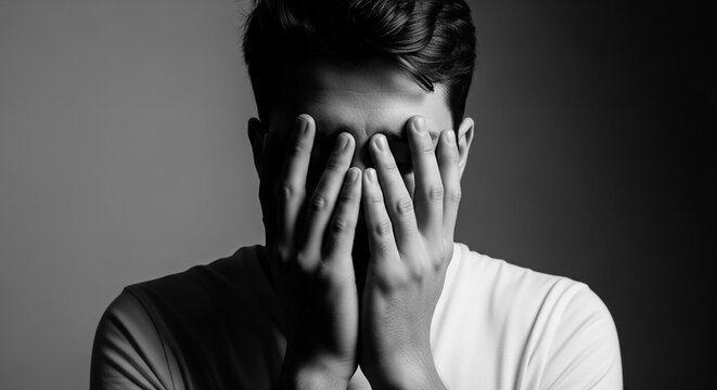 Young man in grayscale covering his face with hands, expressing deep emotional distress and despair