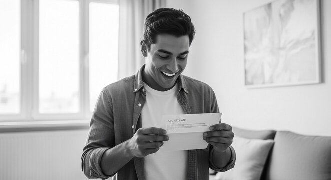Young man joyfully reads an acceptance letter with a big smile, celebrating good news at home