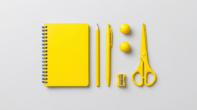 Bright yellow back to school supplies notebook pen scissors stationery flat lay