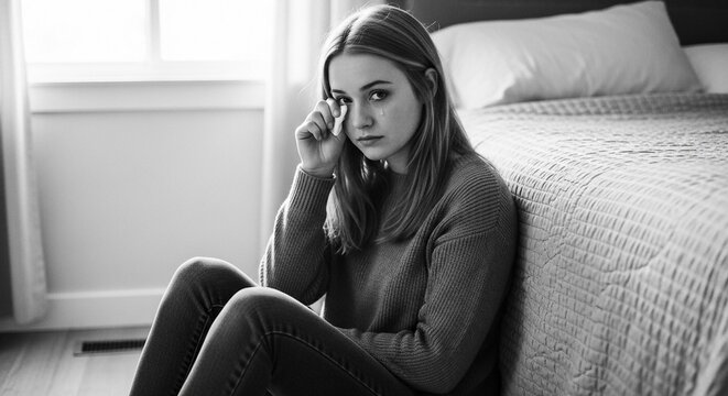 Young teenage girl sitting by a bed, wiping a tear from her eye with a look of profound sadness and distress.