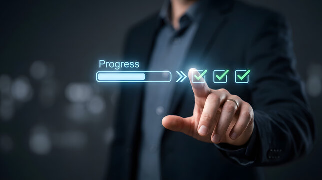 Professional in suit interacting with glowing progress bar and green checkmarks on digital interface