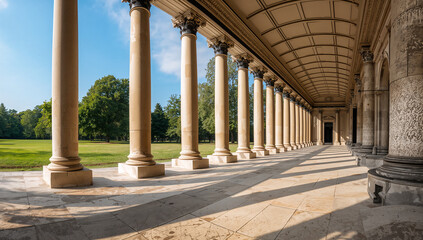 Fototapeta premium Grand colonnade with classical architecture and sunlit courtyard on a clear day