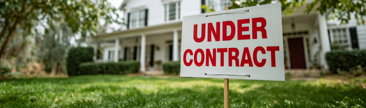 Home Under Contract: A charming white house with a wrap-around porch stands behind a sign indicating UNDER CONTRACT, signifying a successful real estate transaction.