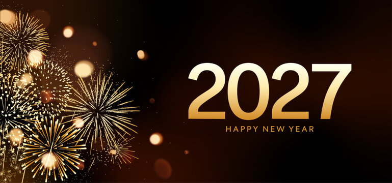 Happy New Year 2027 celebration, gold fireworks background