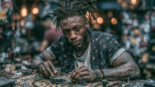 African male technician with dreadlocks repairs electronic components on a workbench surrounded by tools and equipment in a busy workshop environment