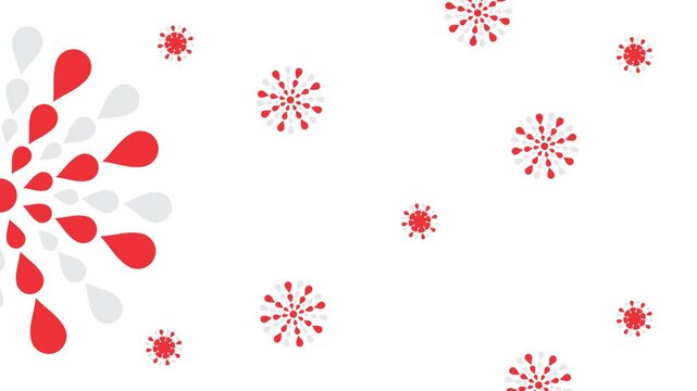 Seamlessly rotating red and grey abstract teardrop and floral starburst elements on white background. Premium stock motion graphics loop for video editing, intros, and creative presentations.