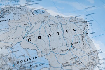 Obraz premium Map of Brazil styled in grey color. Selective focus on label, close-up view