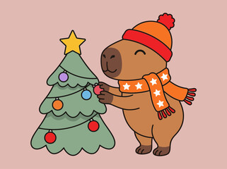 Cute Cartoon Capybara Decorating Christmas Tree Festive Winter Illustration