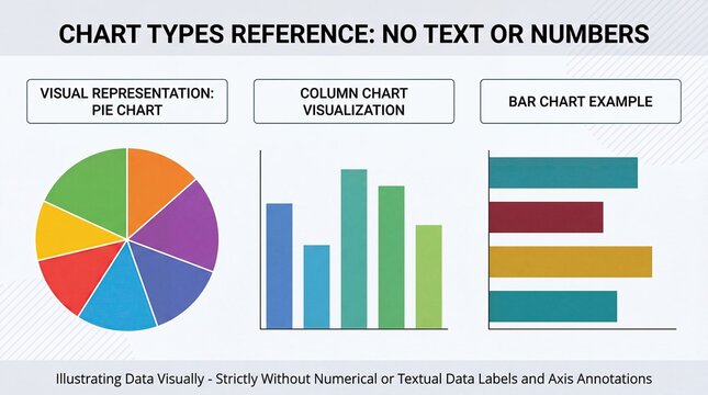 Reference guide showing pie chart, column chart, and bar chart examples without text or numbers, illustrating data visualization concepts strictly using colors and shapes for ab...