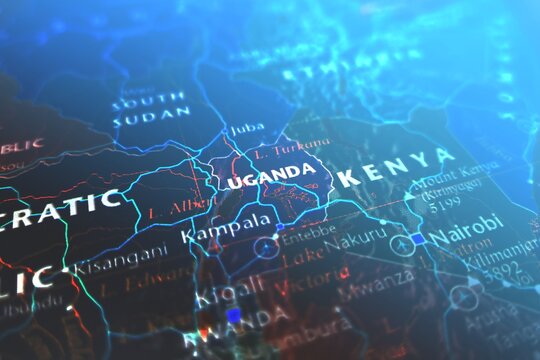 Map of Uganda styled in cyber blue colors. Selective focus on label, close-up view