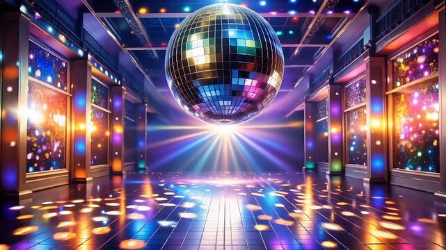 Disco Club Background with Shiny Mirror Ball and Neon LED Lights for Dance Floor and Event Party