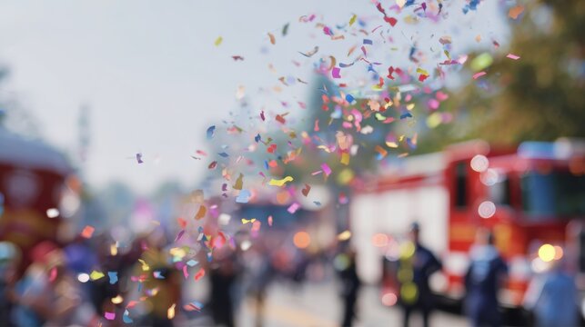 Colorful confetti falls at a parade with fire trucks and people enjoying the event in the background