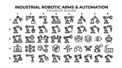 Fototapeta premium Collection of Industrial Robotic Arms and Automation Equipment Icons Set