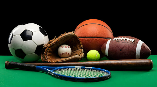 Assorted sports gear including soccer ball, equipment, collection, basketball, football, baseball