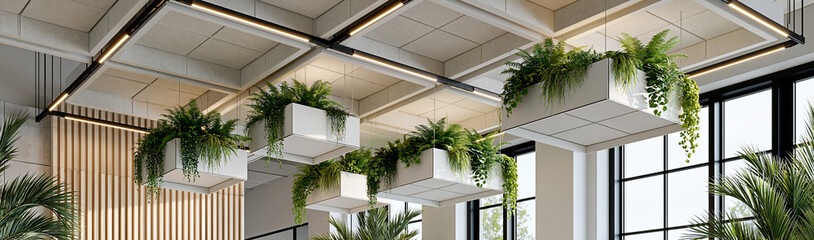 Fototapeta premium Modern Office Interior with Hanging Plants: A contemporary office space adorned with lush, hanging greenery, creating a serene and biophilic atmosphere.