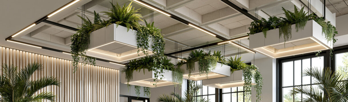 Modern Oasis: Hanging planters filled with lush green foliage bring a touch of nature and serenity to a contemporary interior, illuminated by soft, ambient lighting.