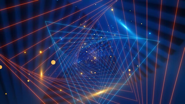 Neon triangle tunnel background blue geometric frames, laser lines, glowing particles, futuristic depth. tech intros, gaming visuals, cyber promos, EDM videos, digital transitions, abstract overlays.