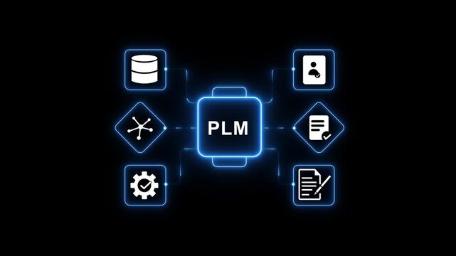 Product lifecycle solutions, plm tools for manufacturing and collaboration, digital innovation and efficiency in product management . 4k motion video.
