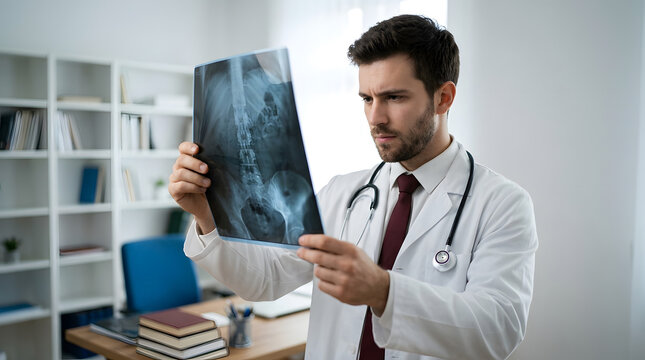 Doctor in white coat and stethoscope analyzing spinal x-ray in office with bookshelves, male